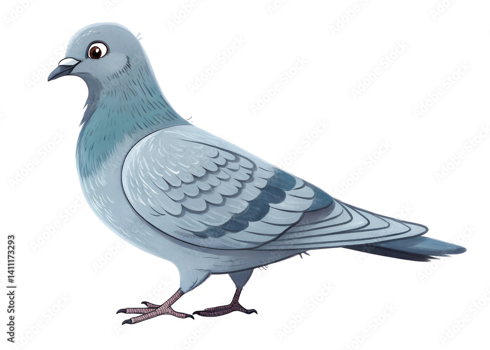 Fototapeta premium A cartoon pigeon is walking on a white background. The bird has a curious expression on its face