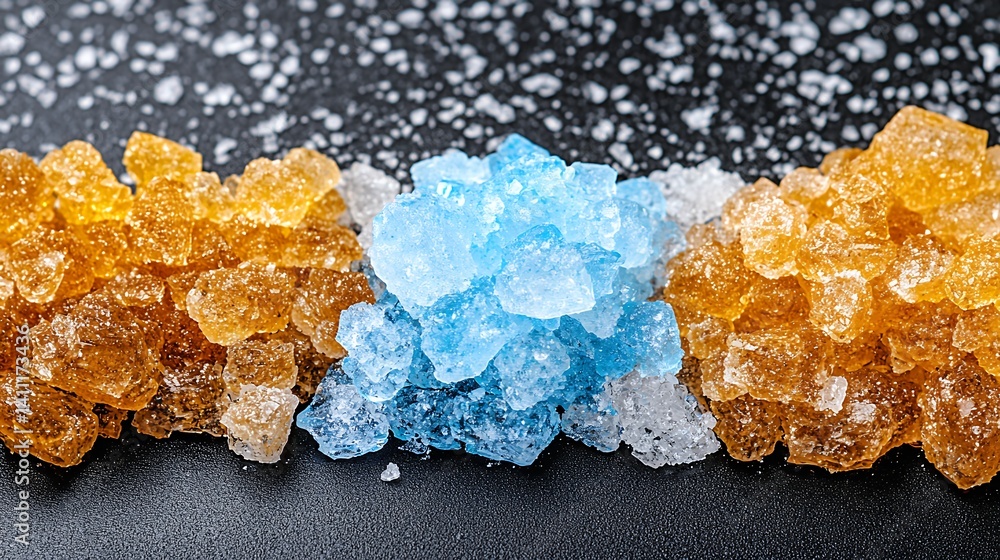 Obraz premium Crystalline Sugar or Mineral Clusters in Amber Blue and Clear Hues on Dark Surface