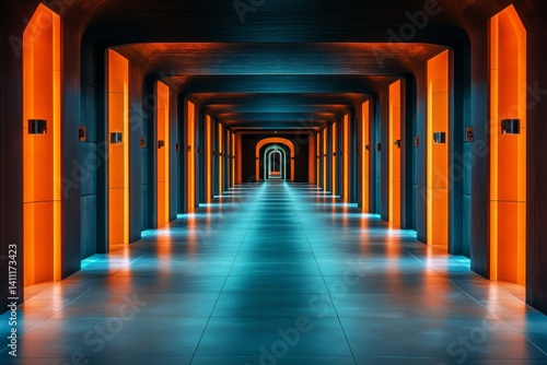 Wallpaper Mural Futuristic corridor with vibrant lighting.  Long hallway with orange and blue accents,  creating an otherworldly atmosphere.  Doors line both sides Torontodigital.ca