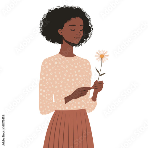 African american woman portrait with one small daisy flower illustration pattern sleeve vector