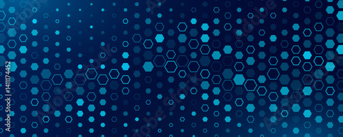 Futuristic FinTech background. Abstract pattern of blue hexagons. Science research presentation backdrop. CyberTech honeycomb mosaic. Vector Illustration. EPS 10