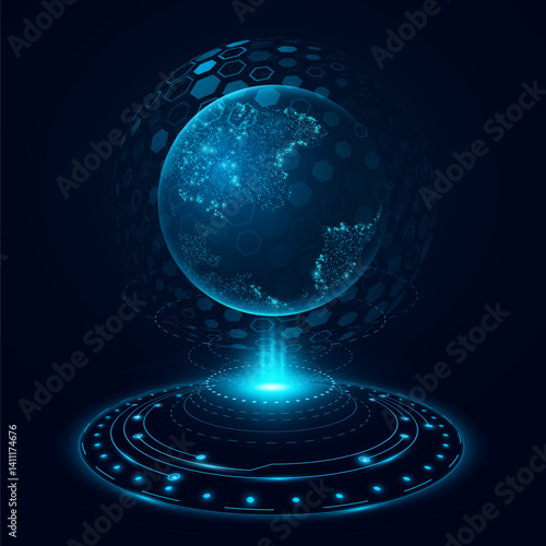Futuristic hologram Earth globe with glowing HUD circle. Digital world map with pattern of hexagons. Global network. Modern FinTech background. Vector illustration. EPS 10