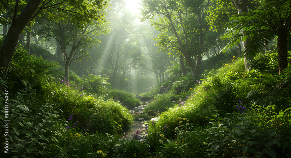 Fototapeta premium Lush Green Forest Scene with Sunbeams and Small Stream