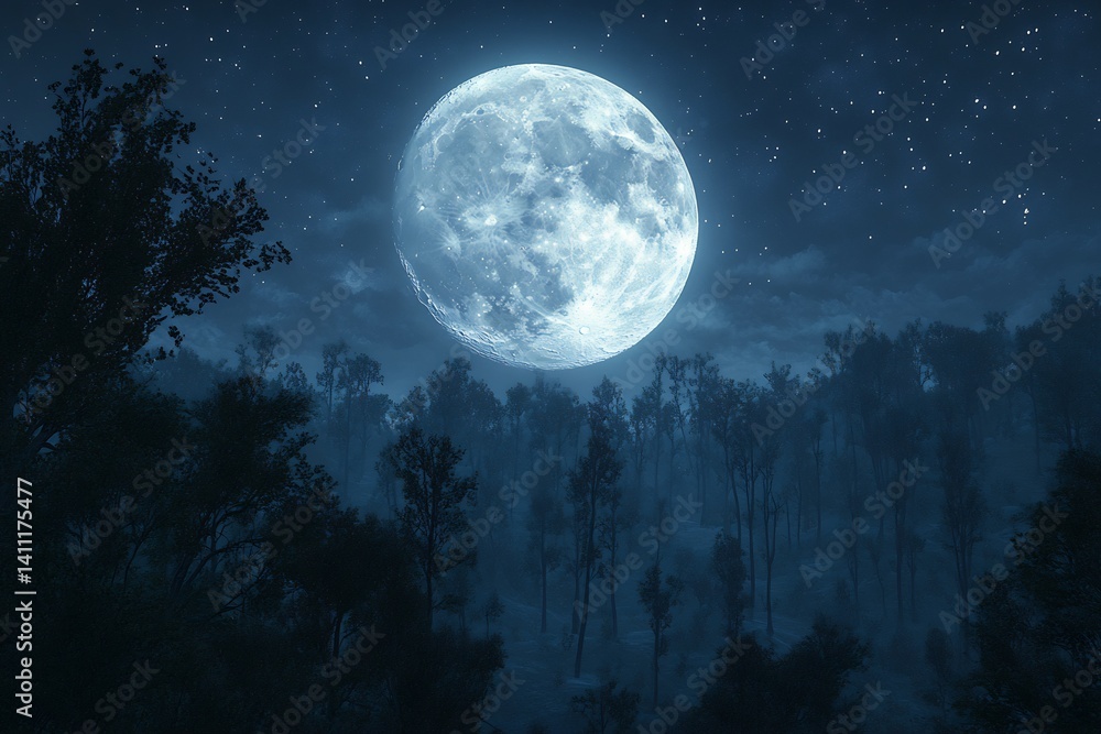 Giant full moon rising above a dark dense forest casting a soft pale light on the trees the surrounding sky filled with scattered stars a mystical and serene atmosphere enveloping the landscape Giant full moon rising above a dark dense forest casting a soft pale light on the trees the surrounding sky filled with scattered stars a mystical and serene atmosphere enveloping the landscape
