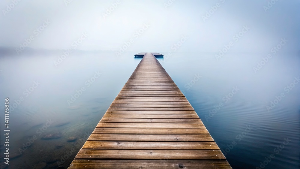 Foggy Pier Macro Photography: Wooden Dock Extending into Misty Water, Isolated White Background Foggy Pier Macro Photography: Wooden Dock Extending into Misty Water, Isolated White Background