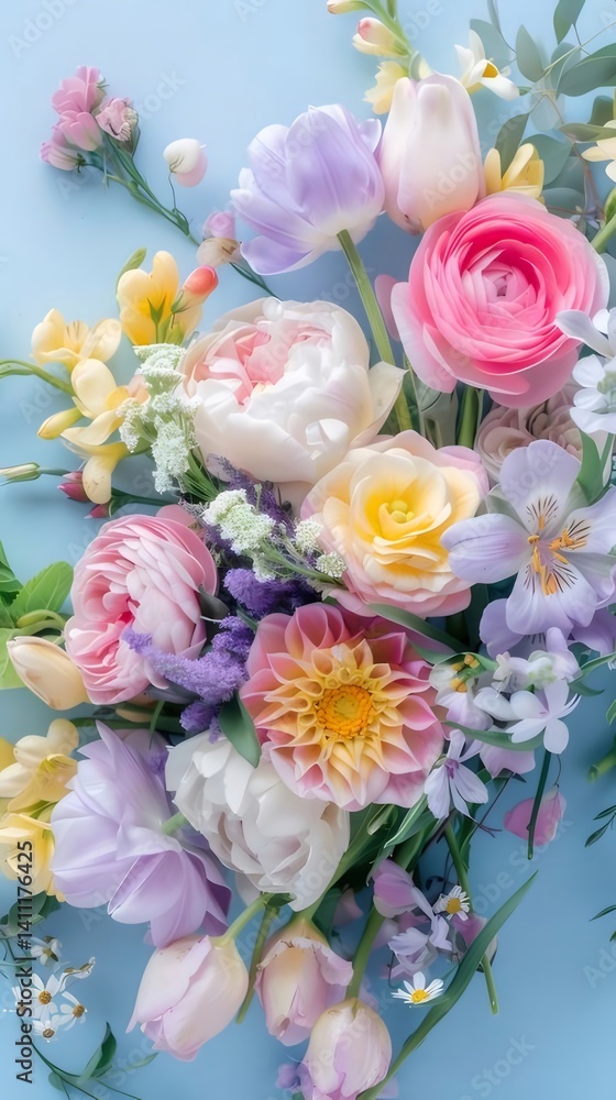 カラフルな花束 ピンクと黄色のバラ チューリップ 紫色の花が水色の背景に飾られた様子 カラフルな花束 ピンクと黄色のバラ チューリップ 紫色の花が水色の背景に飾られた様子