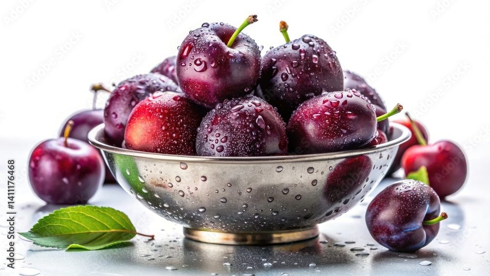 Fresh Juicy Plums in a Bowl with Water Drops on White Background - Perfect for Product Photography and Fruit Imagery Fresh Juicy Plums in a Bowl with Water Drops on White Background - Perfect for Product Photography and Fruit Imagery