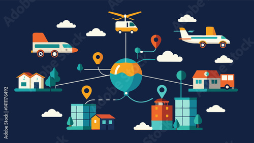 The air taxi logistics network connects not just cities but also rural and remote areas providing access to goods and necessities for all.. Vector illustration