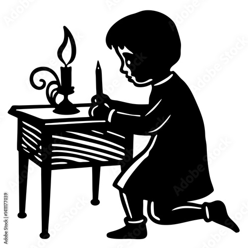 silhouette of a child writing a letter to Santa Claus by candlelight (