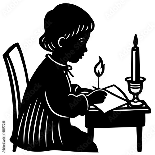 silhouette of a child writing a letter to Santa Claus by candlelight (