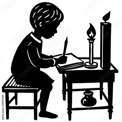 silhouette of a child writing a letter to Santa Claus by candlelight (