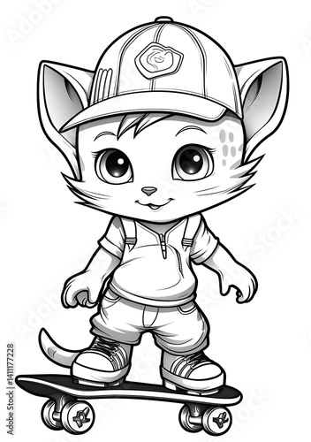 Cute cat playing skateboard drawing. Coloring page