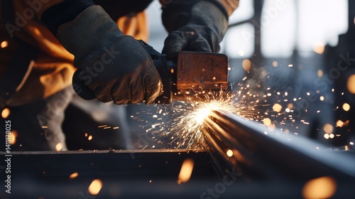 A construction worker cutting metal rods with a grinder. Featuring precision and focus