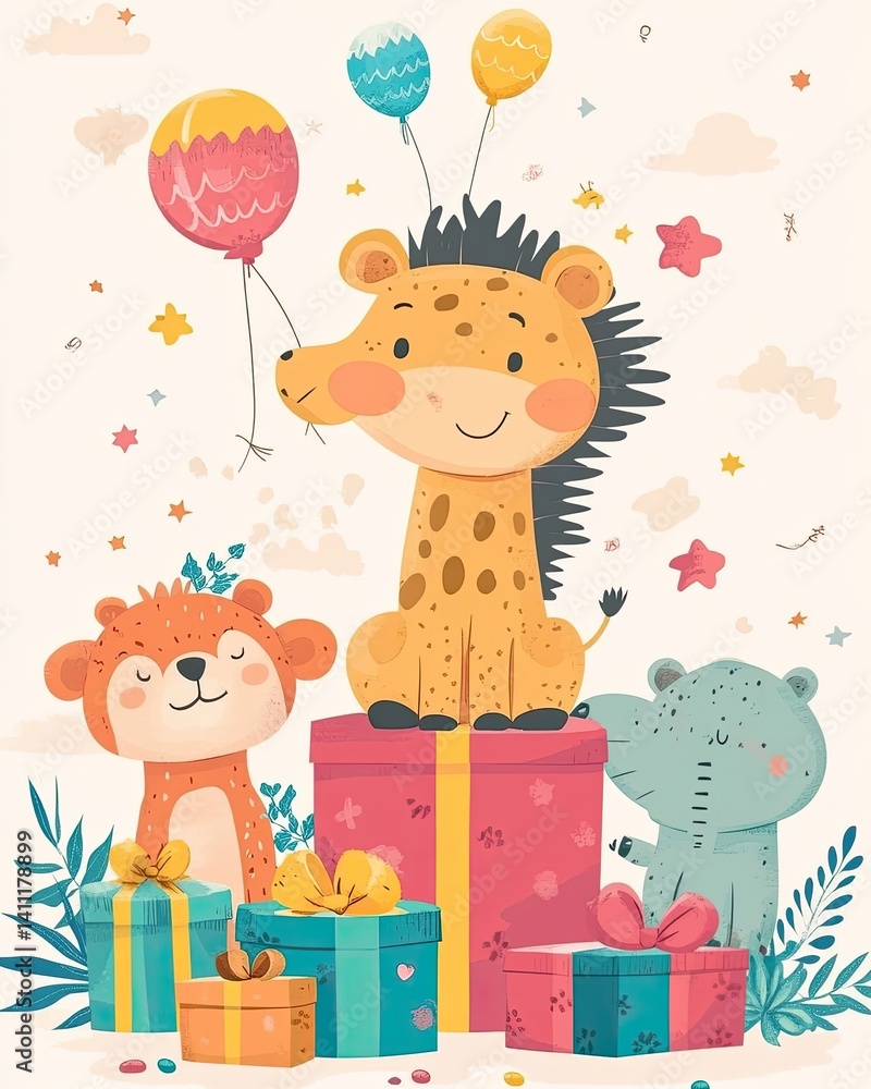 Fototapeta premium Colorful Animal Friends Celebrate with Balloons and Gifts in Festive Scene