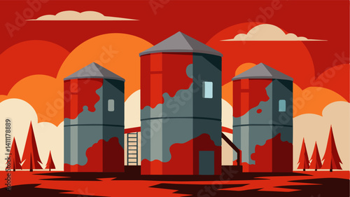 Empty rusting silos loomed in the background their once vibrant red paint now faded and peeling.. Vector illustration