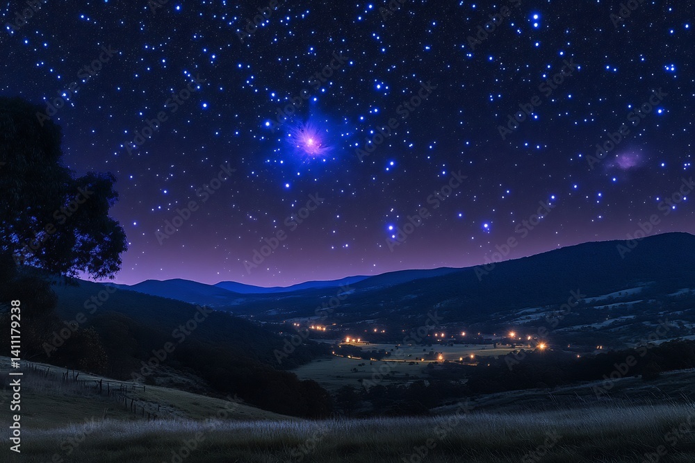 Fototapeta premium Peaceful valley illuminated by thousands of stars the Great Orion Nebula clearly visible in the sky soft gradient from navy blue to deep purple the valley lit by soft moonlight