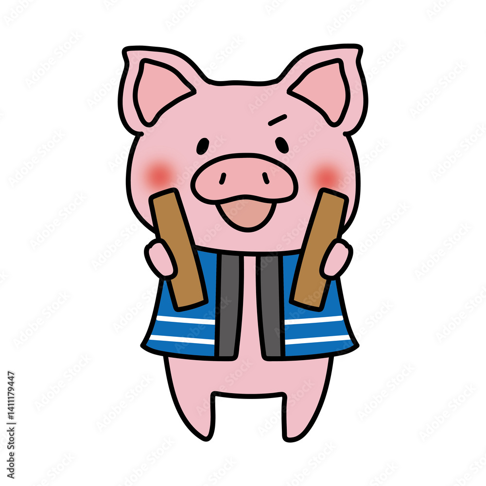 Obraz premium 拍子木を持っているぶた