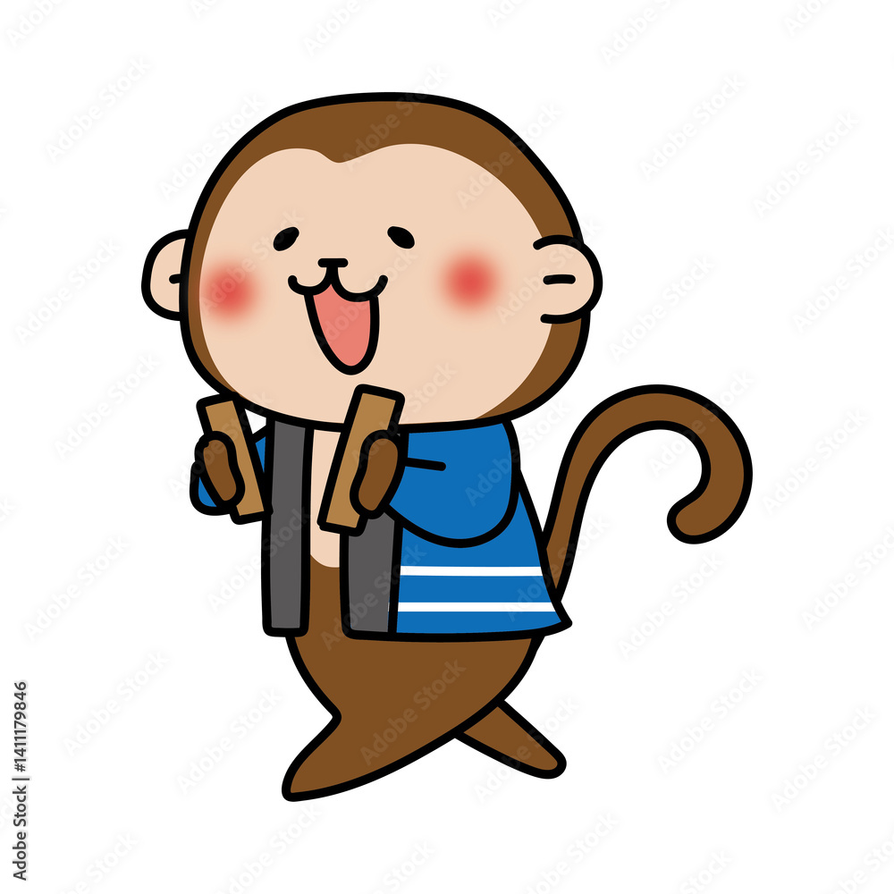 Obraz premium 拍子木を持って火の用心の声掛けをしている猿