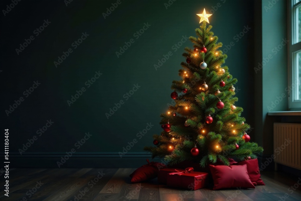 Evergreen Christmas tree with ornaments in a dimly lit room , room, decor Evergreen Christmas tree with ornaments in a dimly lit room , room, decor