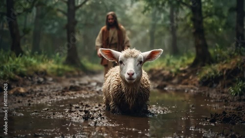 Lost Lamb in Muddy Forest Path with Shepherd Guiding the Way Home Conceptually