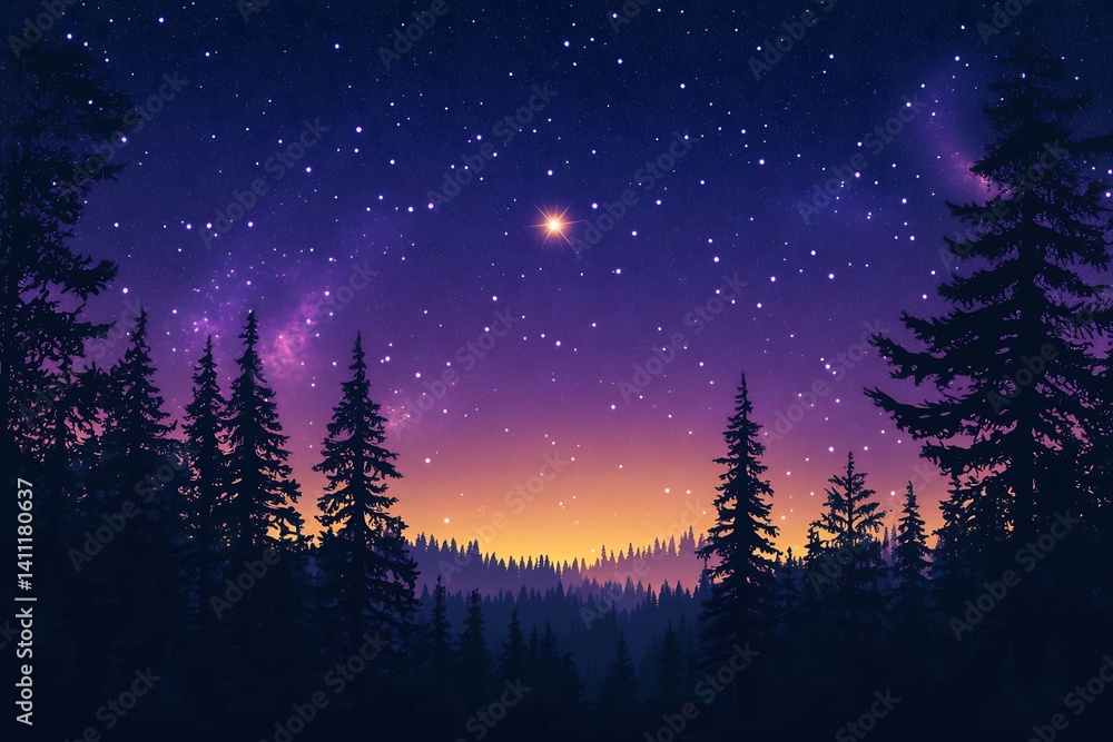 Serene scene of the night sky filled with stars above a quiet forest the North Star shining brightly gradient sky from dark purple to navy blue moonlight filtering through the trees Serene scene of the night sky filled with stars above a quiet forest the North Star shining brightly gradient sky from dark purple to navy blue moonlight filtering through the trees