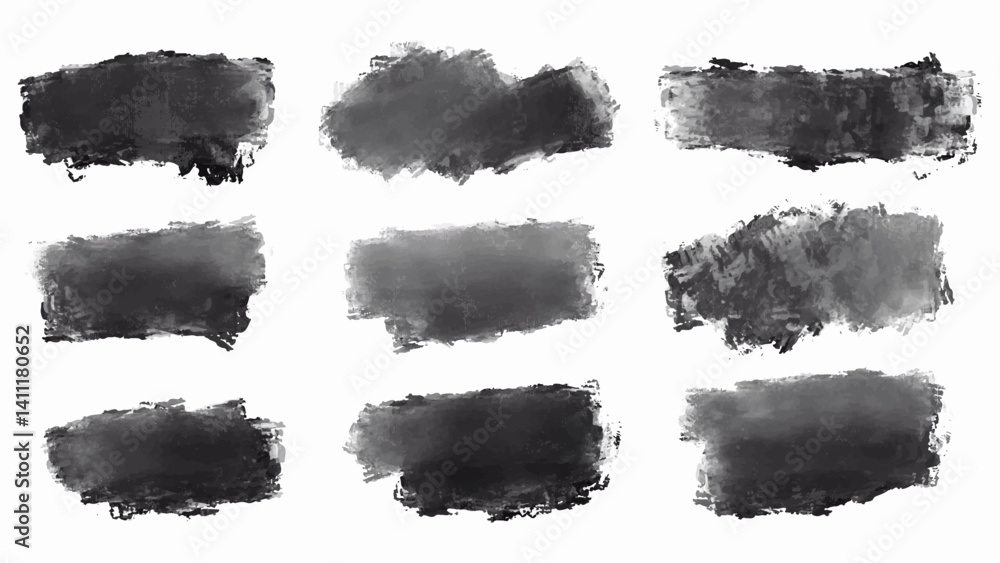 Set of of a collection of black brush strokes created in a grunge style. Vector.