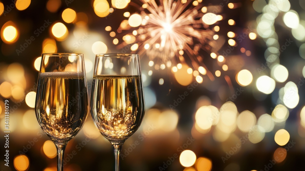 Sparkling champagne toasts, fireworks, celebratory party background Sparkling champagne toasts, fireworks, celebratory party background