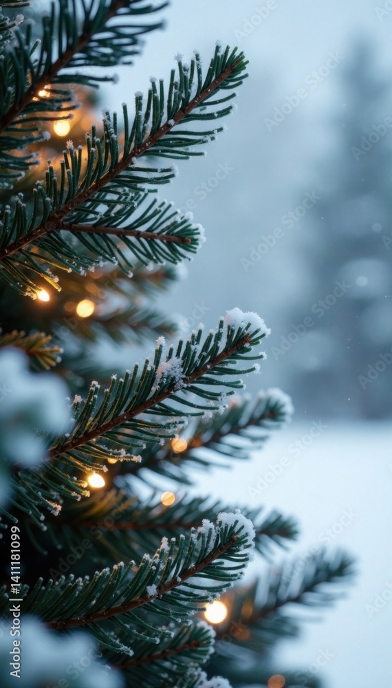 Obraz premium Icy branch of fir tree covered in frost and twinkling with Christmas lights against a white snowy background, frost, christmas lights