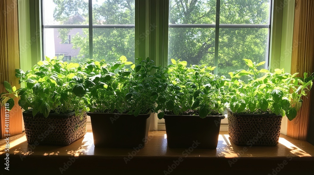 Lush Green Herbs Growing in Window Pots with Natural Sunlight Lush Green Herbs Growing in Window Pots with Natural Sunlight