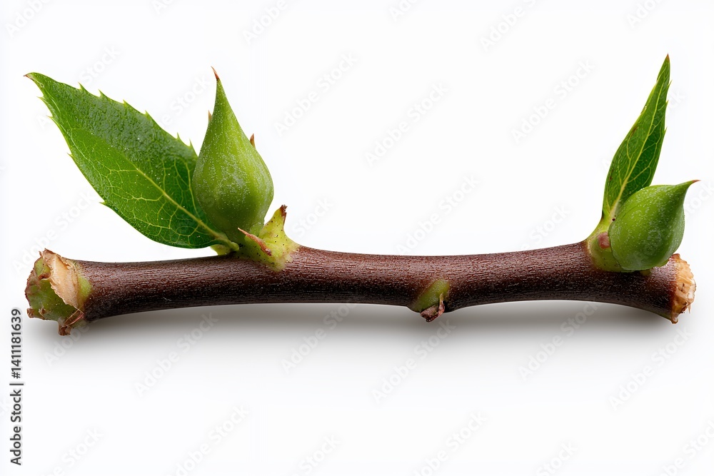 Obraz premium Detailed Close Up of a Budding Brown Tree Branch with Green Leaves on White