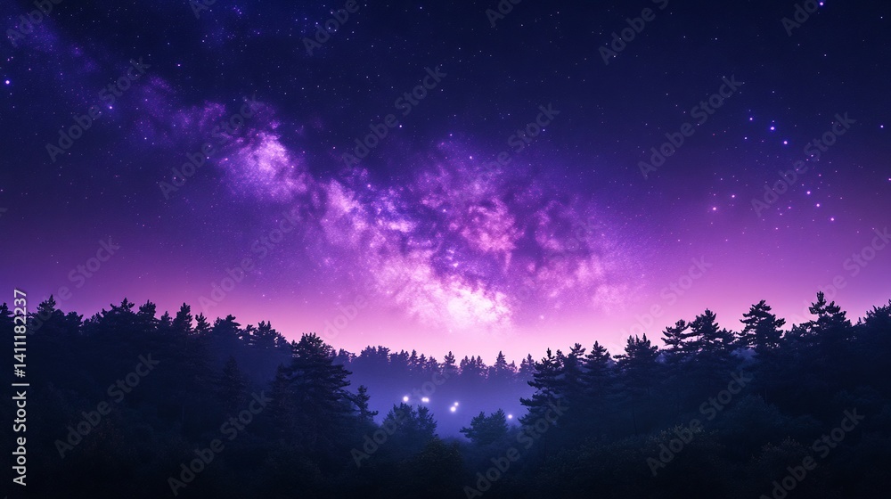 Surreal night scene with the Milky Way galaxy stretched over a dense forest rich purple and dark blue gradient sky bright stars filling the sky soft moonlight filtering through the trees Surreal night scene with the Milky Way galaxy stretched over a dense forest rich purple and dark blue gradient sky bright stars filling the sky soft moonlight filtering through the trees