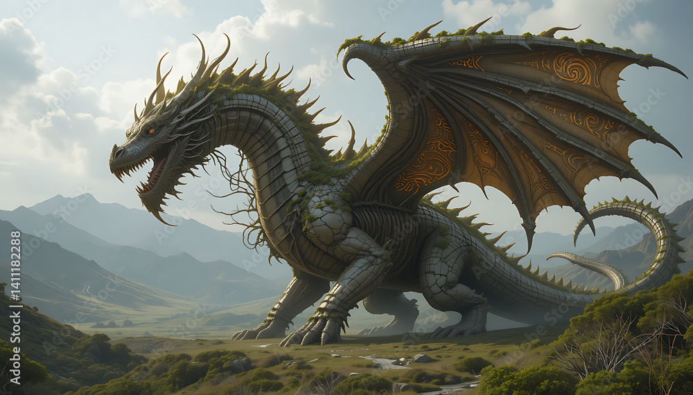 Fototapeta premium Echoes of Flame A Dragon’s Roar in the Darkness