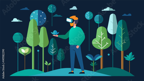 A virtual data forest with trees representing different data sets and a person exploring them with their VR goggles.. Vector illustration