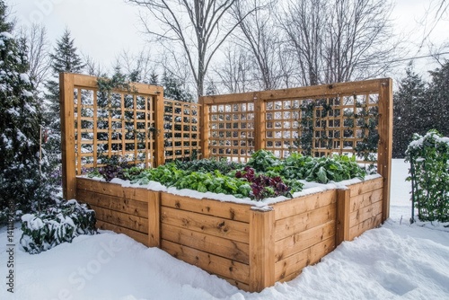Winter Garden with Raised Bed in Snowy Landscape Surrounded by Trees