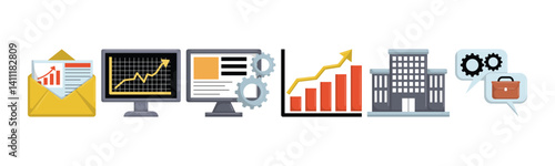 Business performance analysis using infographics and diagrams. Ideal for showcasing growth strategies, financial data, and corporate development.