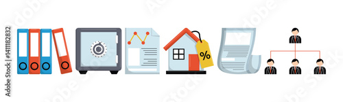 Illustrative representation of financial organization and management showcasing elements like data analysis, security, investment, and hierarchical structure.