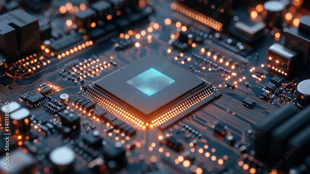 Illuminated CPU on Motherboard, Close-up, Technology, Data Center Background, Tech Illustration Illuminated CPU on Motherboard, Close-up, Technology, Data Center Background, Tech Illustration