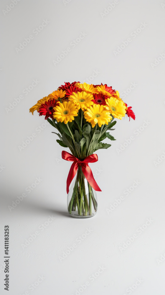 Fototapeta premium A vase of yellow and red flowers sits on a white background. The flowers are arranged in a way that they are all facing the same direction, creating a sense of harmony and balance