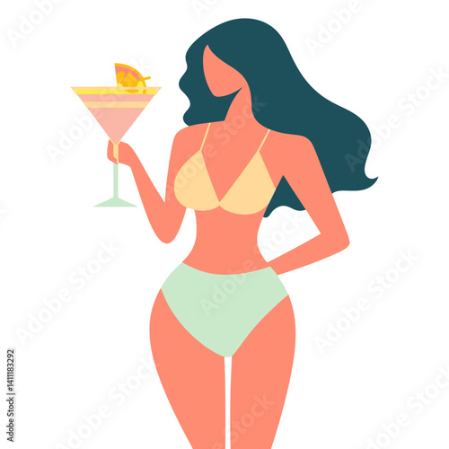 Pin up girl in martini glass illustration minimalist background vector