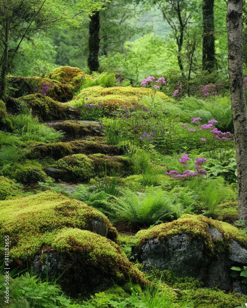 Serenity of a Mossy Pathway Surrounded by Vibrant Wildflowers Serenity of a Mossy Pathway Surrounded by Vibrant Wildflowers