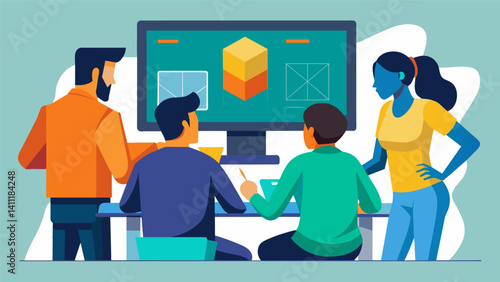 A team of architects huddled around a computer screen analyzing 3D data simulations to determine the best placement of windows for natural light and energy efficiency.. Vector illustration