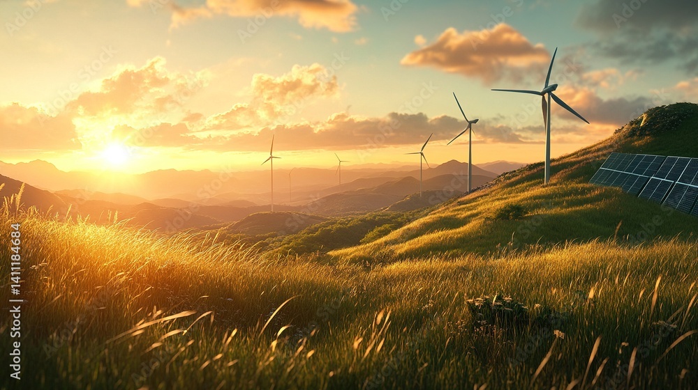 Obraz premium Sustainable energy concept, panoramic view of wind turbines and solar panels on grass during golden hour, renewable energy, environmentally friendly technology and clean electricity production
