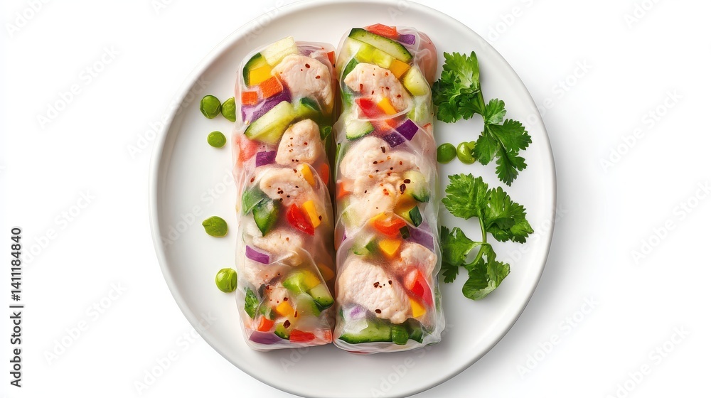 Roll plate, chicken, veggies, isolated with white background Roll plate, chicken, veggies, isolated with white background