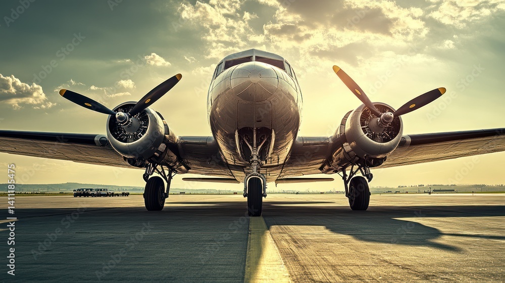 Fototapeta premium Vintage aircraft on a runway with propellers under cloudy skies