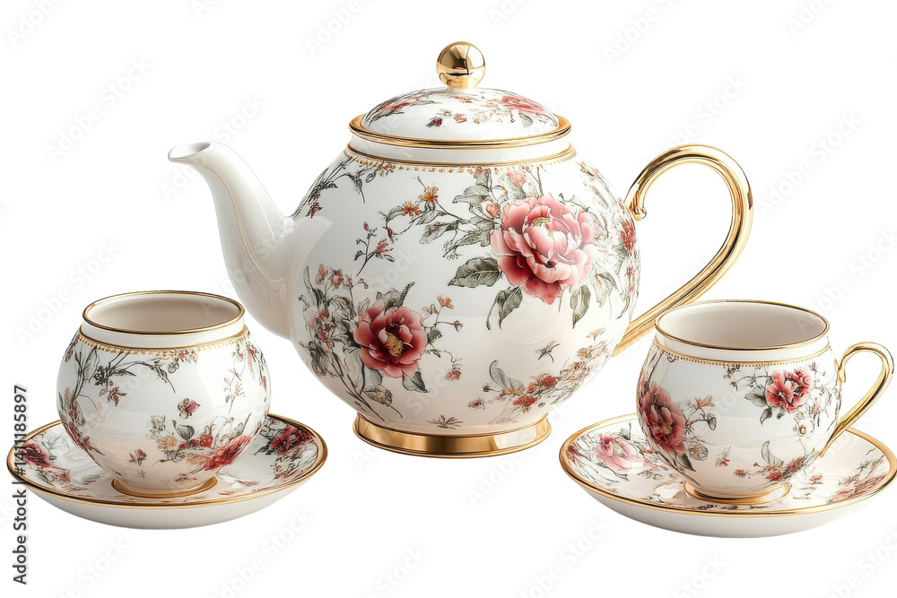 Elegant floral teapot and teacups set perfect for afternoon tea detailed on transparent background Elegant floral teapot and teacups set perfect for afternoon tea detailed on transparent background