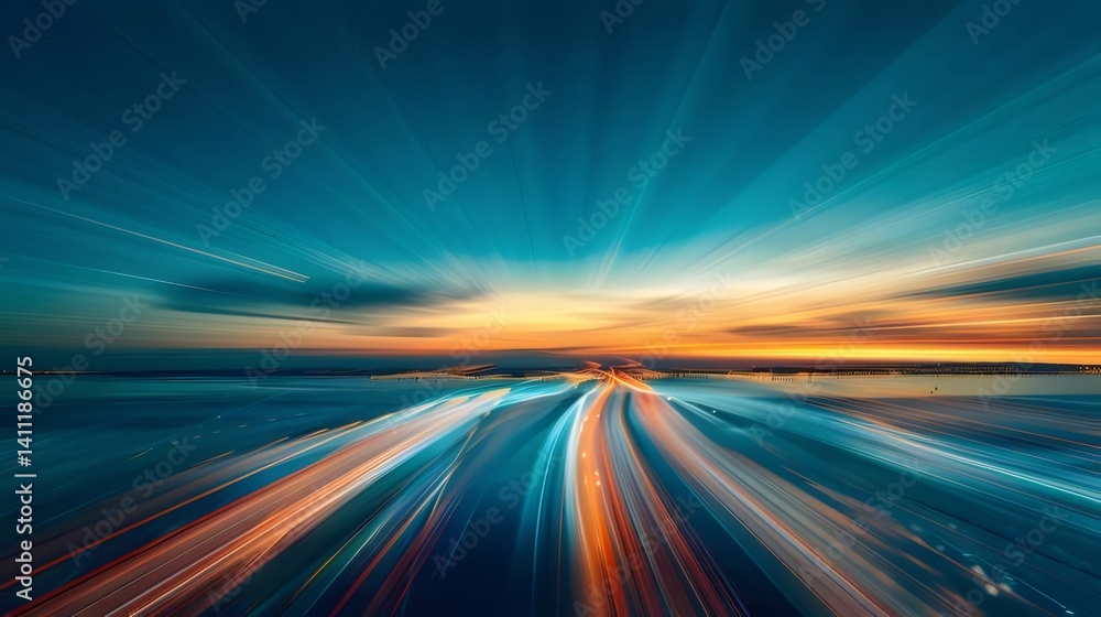 光の軌跡と夕焼け空に広がる都市高速道路の抽象的な風景デザイン 光の軌跡と夕焼け空に広がる都市高速道路の抽象的な風景デザイン