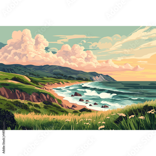The coastal landscape ocean illustration scenery vector
