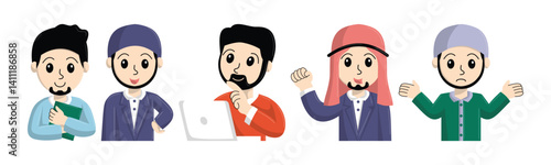 A cartoon illustration showcases diverse men from differing cultural or professional backgrounds, each expressing distinct emotions and gestures.