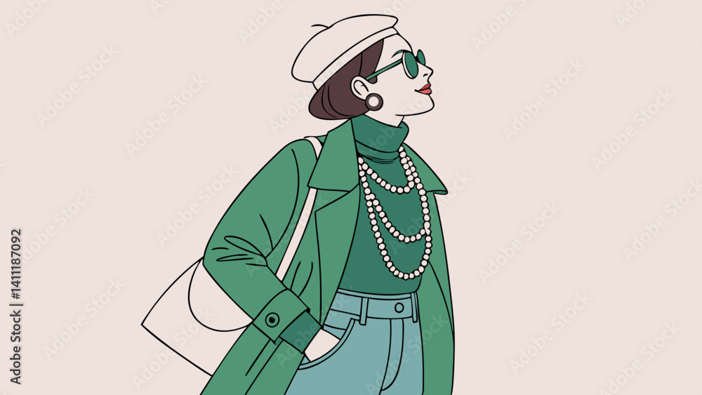 Fototapeta premium Fashionable confident woman wearing white beret, green coat, red turtleneck, layered pearl necklace, denim skirt, posing on pink background vector, illustration. 