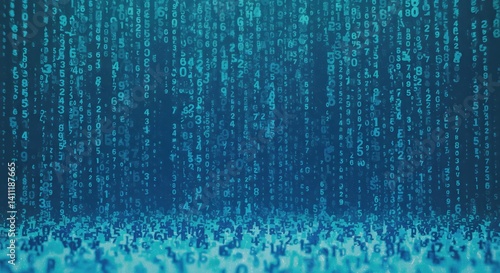 A pixelated waterfall of numbers raining down in shades of blue and green.